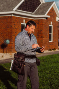 man checking notes from a roof inspection