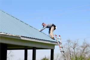 man on the top of a roof with a ladder assist